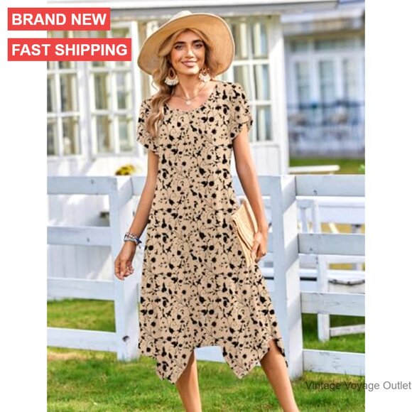 Summer Casual Dress Short Sleeve Loose Flowy Beach Midi Sundress with Pockets - Picture 2 of 7